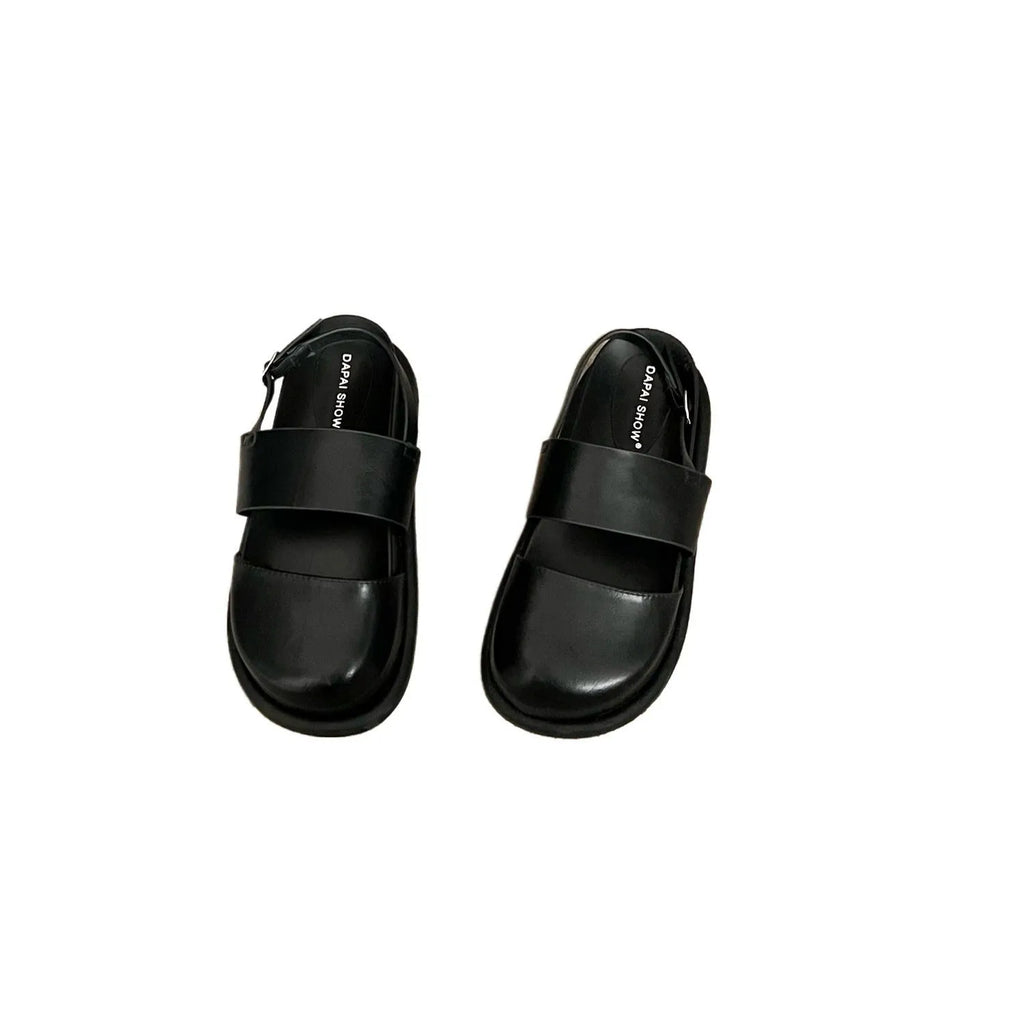 Women's retro Korean style sandals with closed toe, ankle strap buckle, in apricot colour.