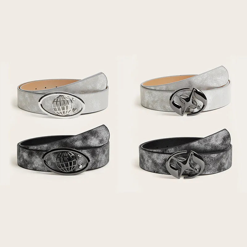 Retro women's belt with oval alloy buckle on thick grey white PU leather strap