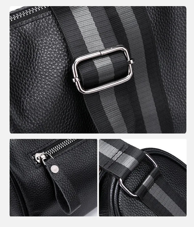 Black genuine leather one-shoulder crossbody bag with large capacity dimensions