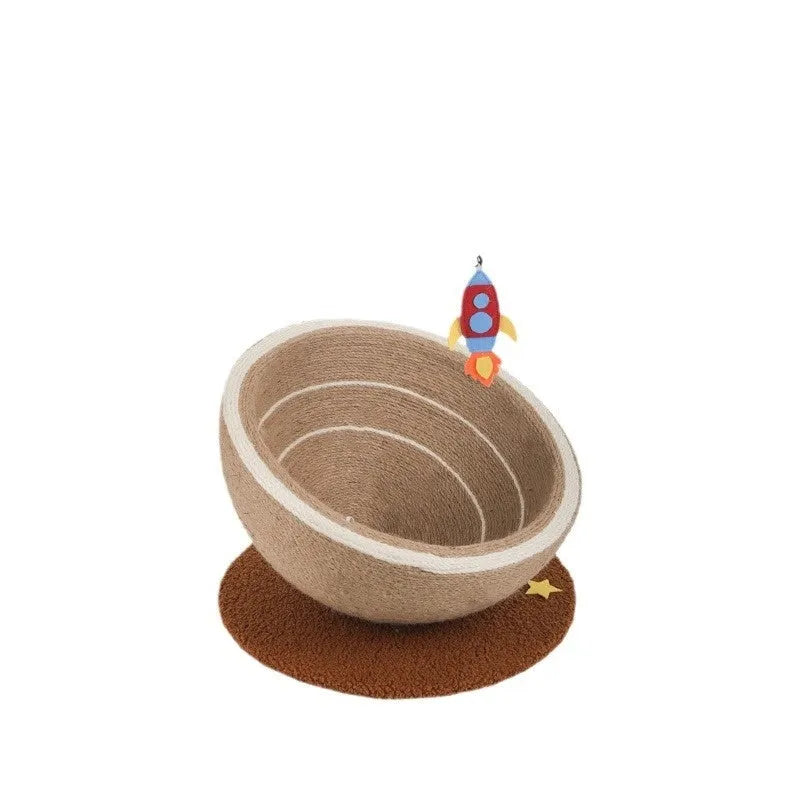Large integrated cat scratching post and bed with sisal rope surface and flannel nest.