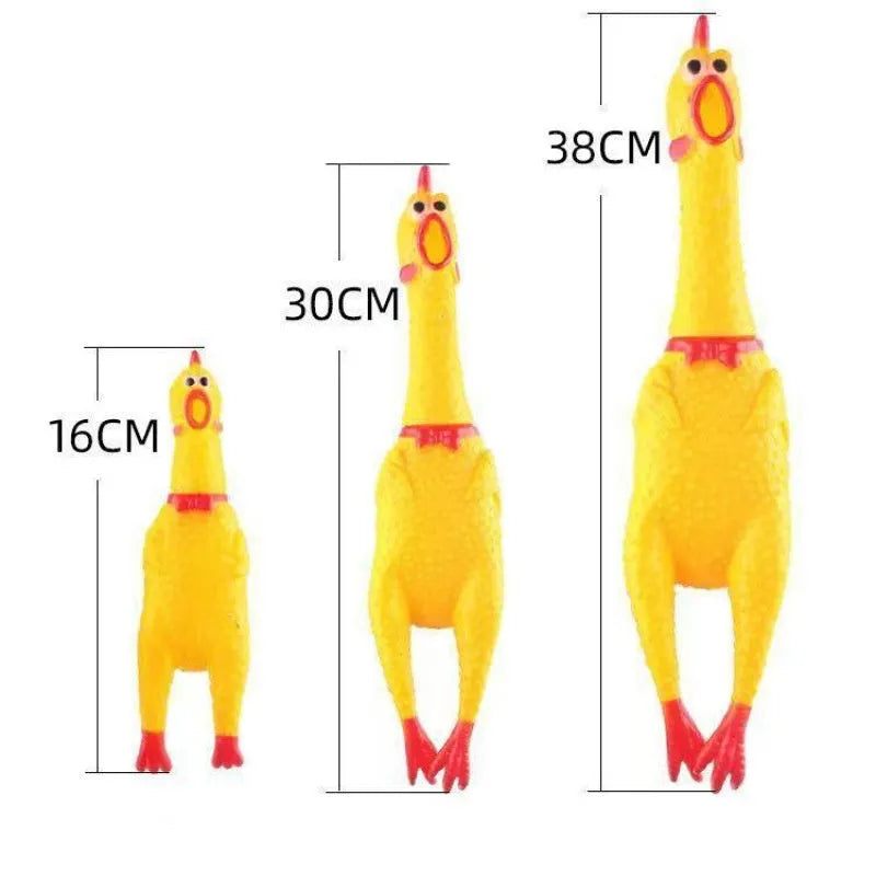 Yellow rubber squeaky chicken dog chew toy shown in three different sizes on a white background.