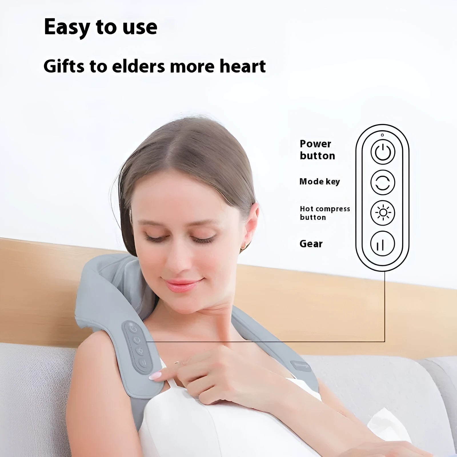 Grey elastic fabric neck massager with USB charging cable and infrared physiotherapy function