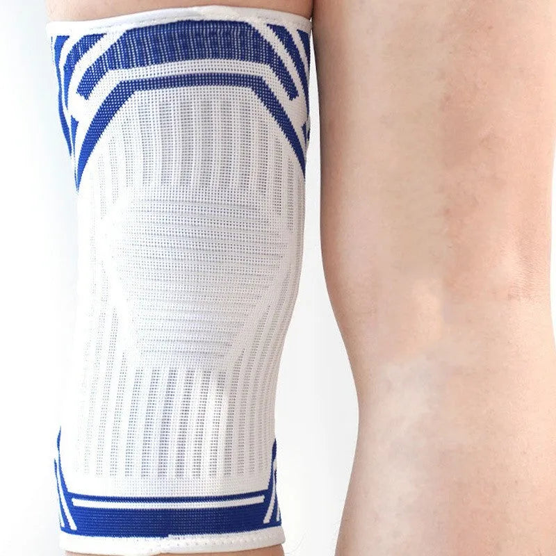 Blue cotton elastic knee pad for adult sports like basketball and running.