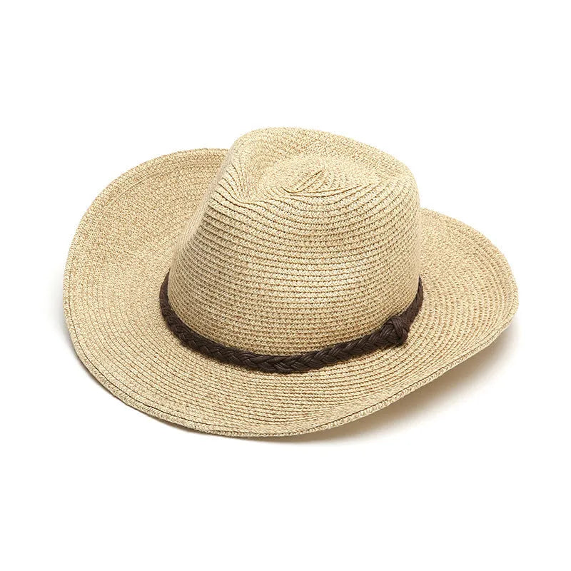 Men's foldable wide-brim straw sun hat in beige on a neutral background