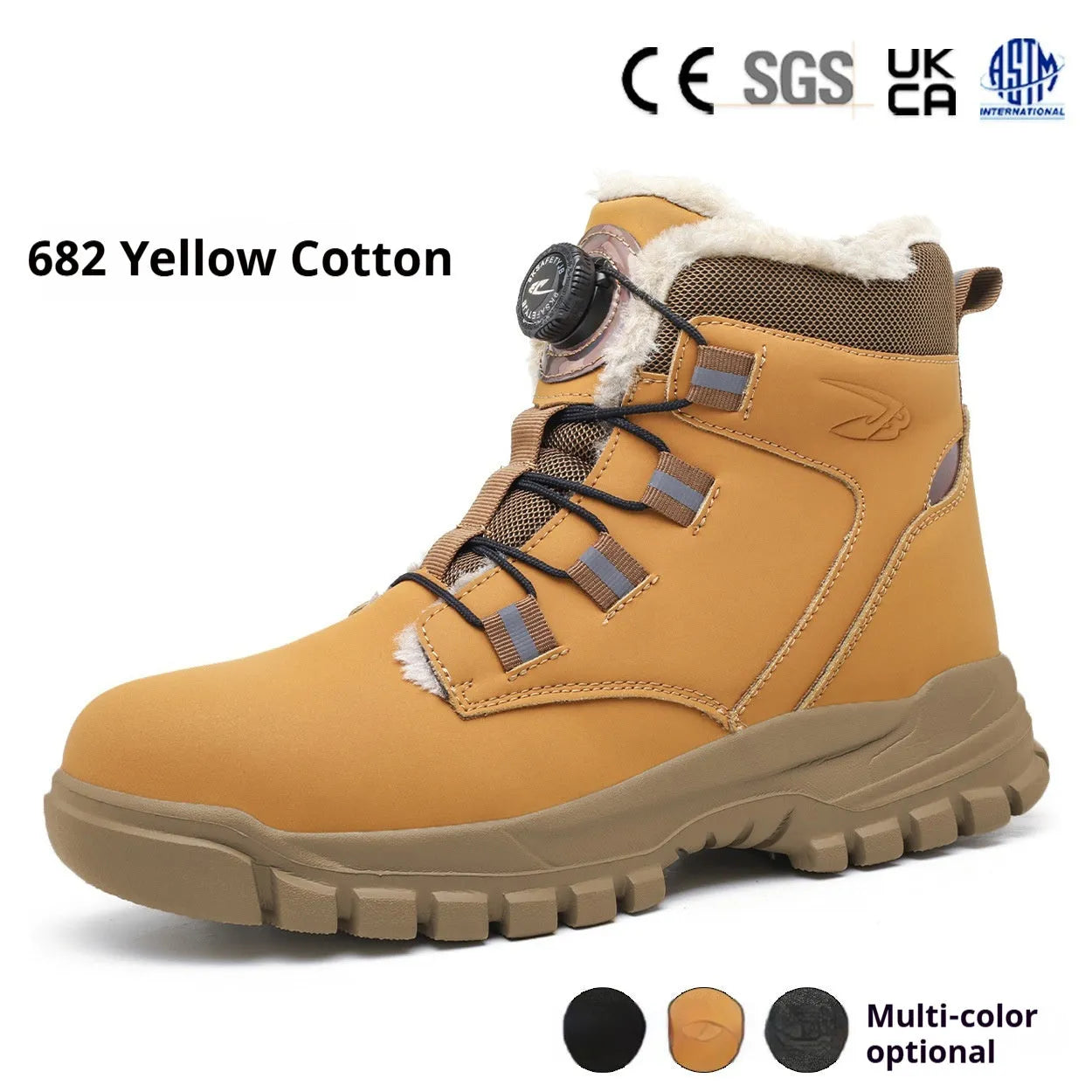 Leather safety work shoes with anti-smash and puncture-resistant toe cap in black, grey, and yellow.