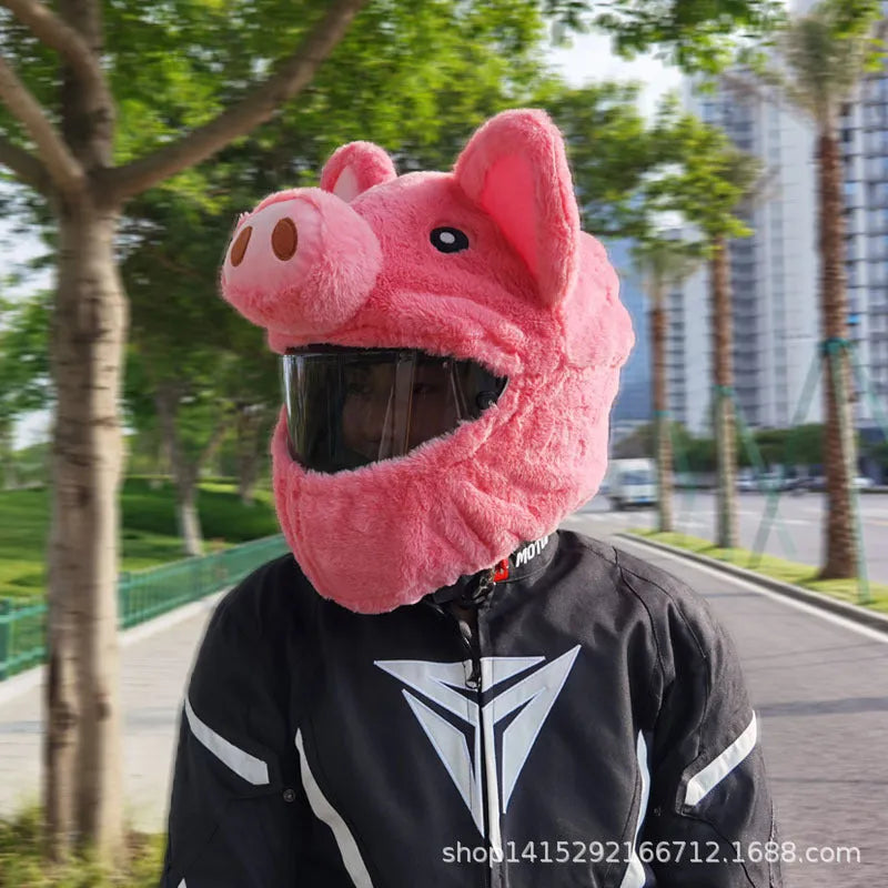 Pink cartoon pig design plush hood for motorcycle helmet comfort.