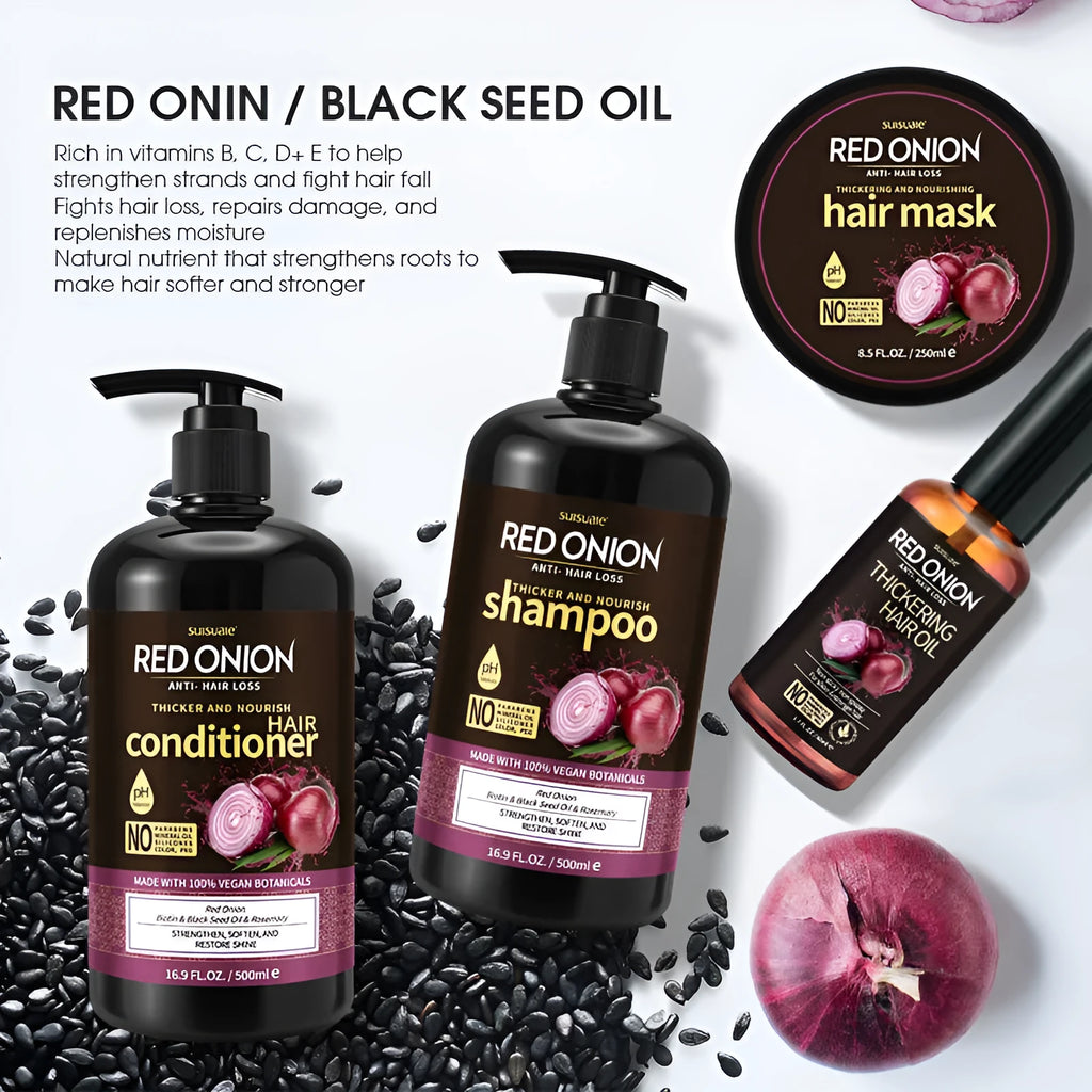 Red Onion hair care set showing four bottles: shampoo, conditioner, hair mask, and essential oil.