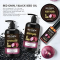Red Onion hair care set showing four bottles: shampoo, conditioner, hair mask, and essential oil.