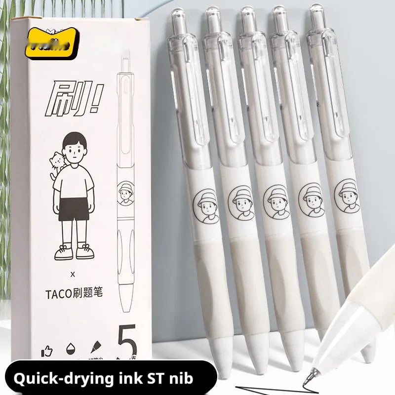 Five white Taco ballpoint pens with 0.5mm black ink refills showing quick-drying technology