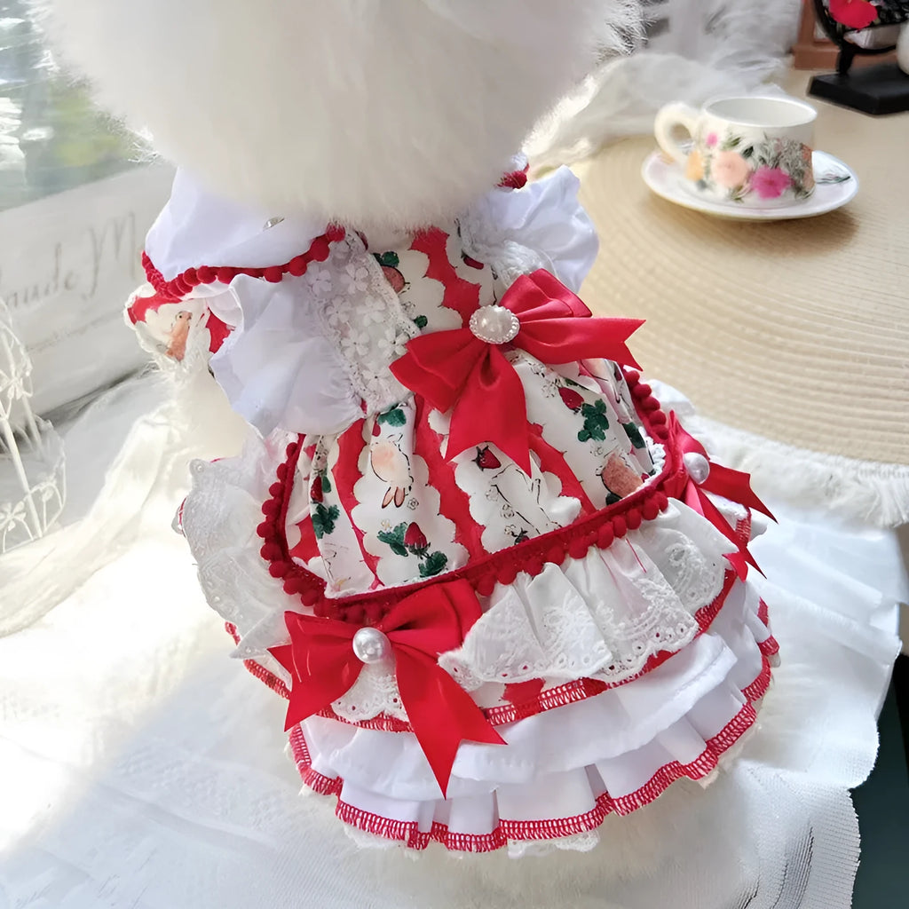 White rabbit skirt princess dress for a small dog on a mannequin, showing the tiered skirt design.