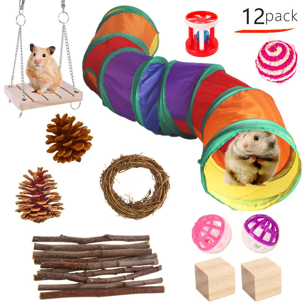 Assorted wooden chew toys and natural fibre balls for small pets like rabbits and guinea pigs