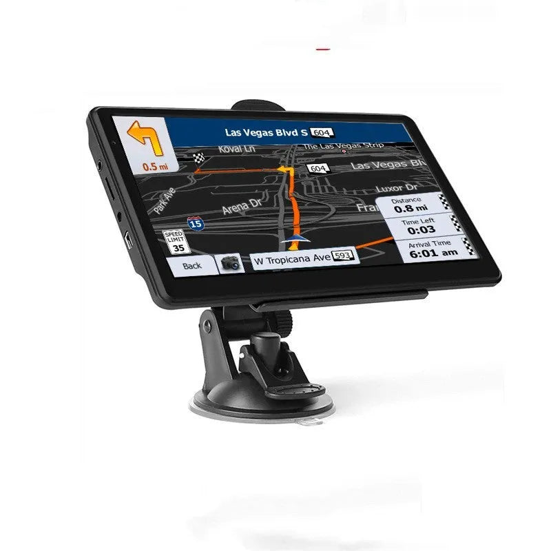 Black portable car GPS navigation device with 7-inch touch screen mounted on a bracket.