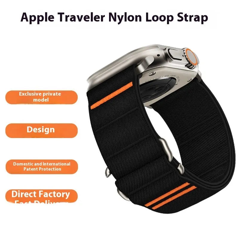 Elastic nylon Apple Watch replacement strap with stainless steel buckle shown in multiple colour options