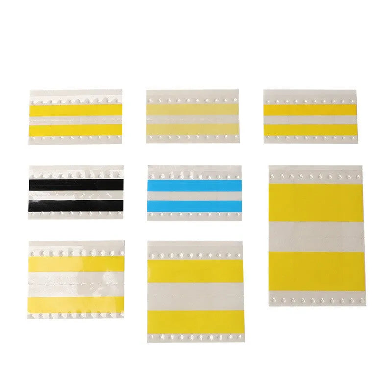 Reels of yellow, black, blue, and Nitto gum coloured SMT double-sided splicing tape in 8mm, 12mm, 16mm, and 24mm widths.