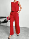 Women's sleeveless top and wide leg trousers two-piece set in polyester fabric