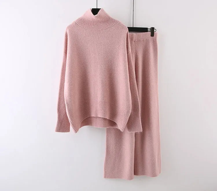 Women's beige acrylic fibre sweater and wide leg pants two-piece casual set