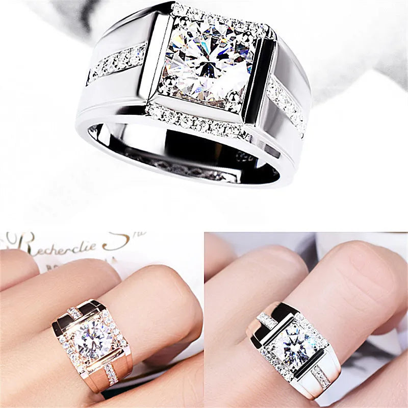Men's geometric imitation moissanite ring with adjustable opening and high carbon diamond zircon stones