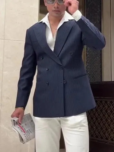 Men's classic striped double-breasted polyester blazer with regular fit styling