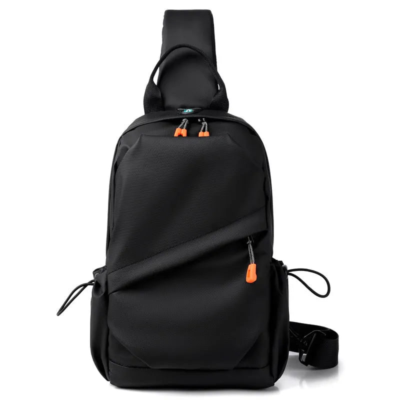 A black men's single shoulder crossbody bag made from polyester fabric.