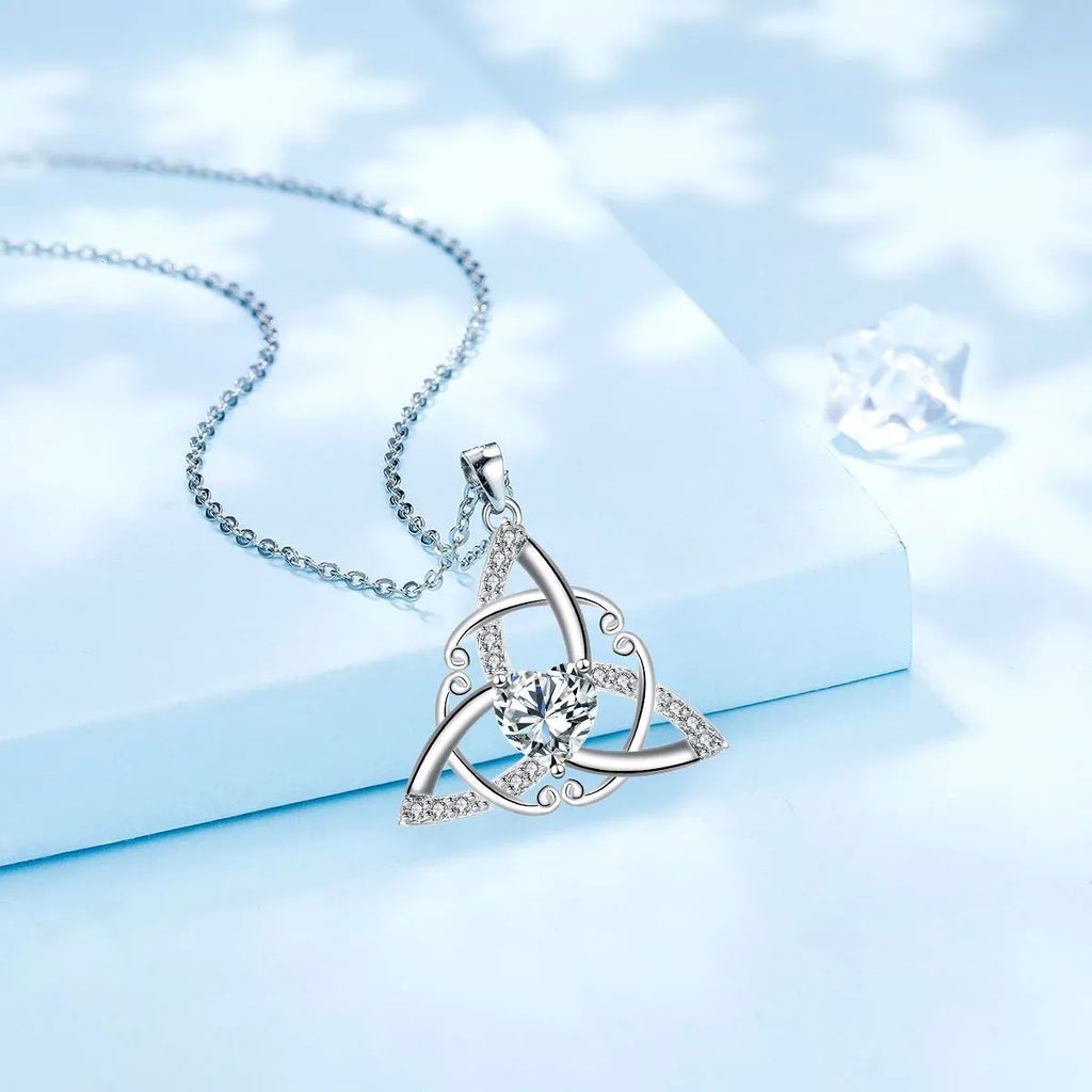 Women's Celtic knot necklace with geometric copper pendant in electroplated finish