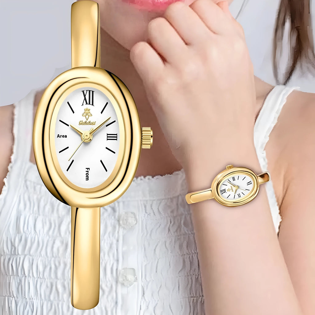 Women's oval-faced retro quartz watch in gold colour with slim 8mm profile