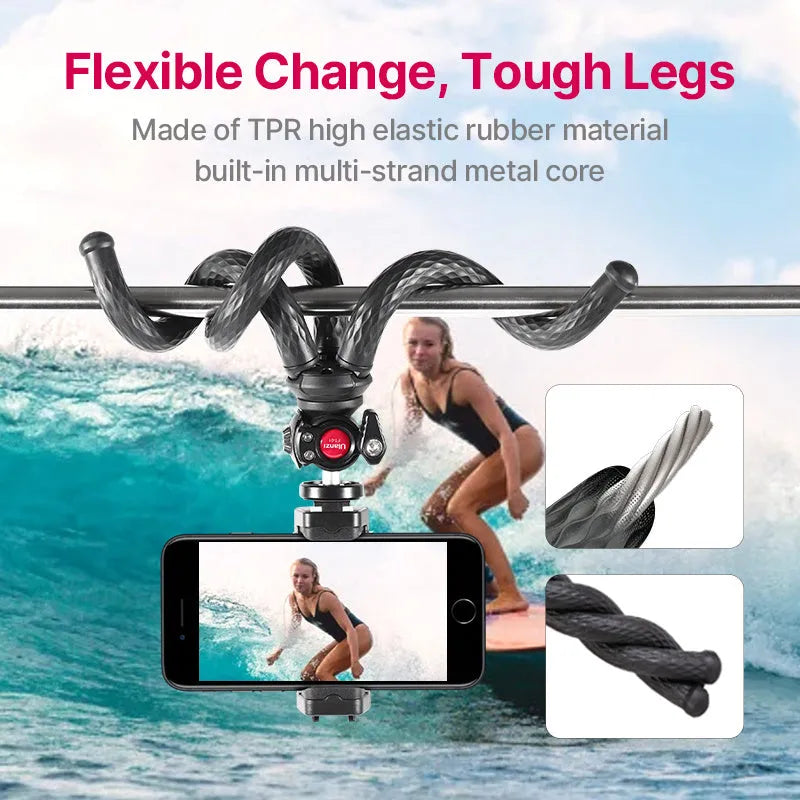 Black octopus-style flexible tripod with mobile phone clip extended on a table.
