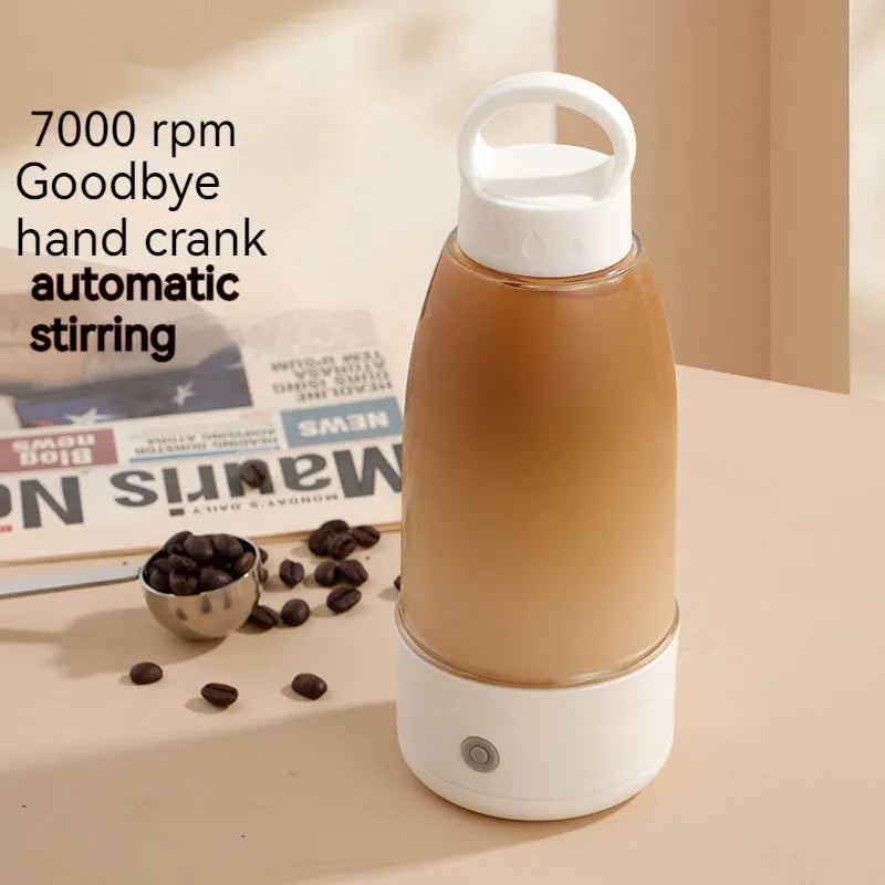 Automatic electric shaker bottle in green, pink, or white with USB charging port and handle.