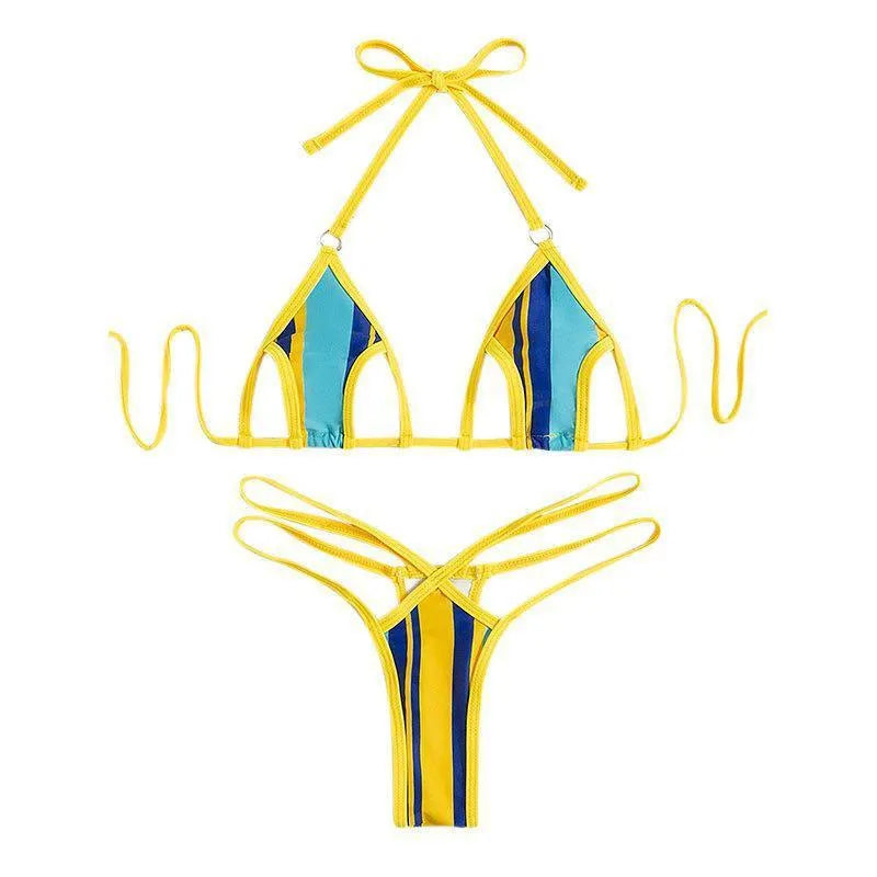Yellow women's split swimsuit with hollow design and neck-hanging style