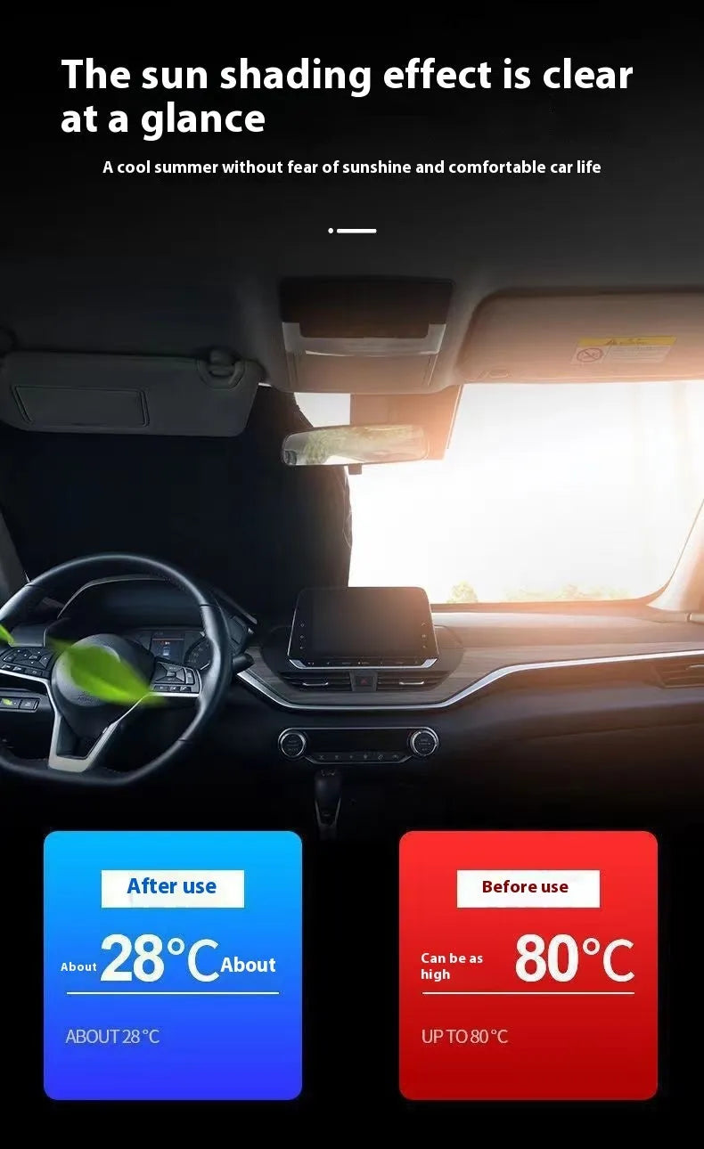 Universal fit aluminium foil car windscreen sunshade showing titanium silver reflective surface.