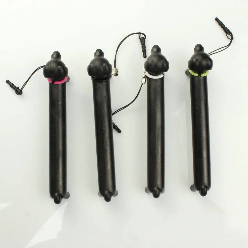 Black dog-shaped touch screen stylus showing length adjustment and phone stand functionality