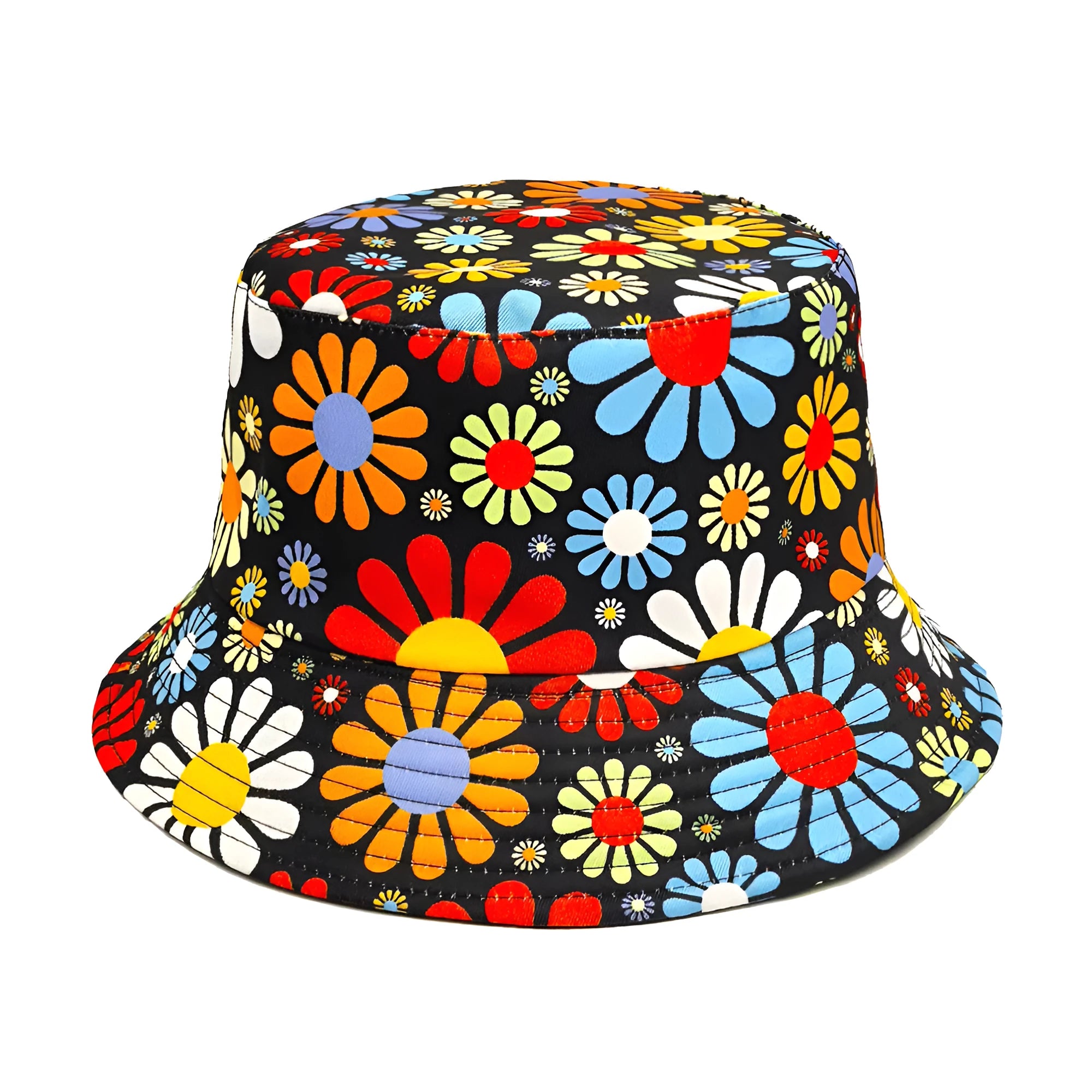 Colourful flower print bucket sun hat with dome crown in polyester fabric