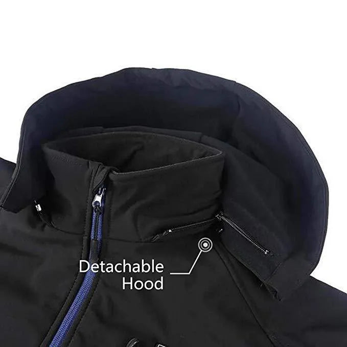 Black men's USB heated winter coat with zipper pockets, shown on a model.