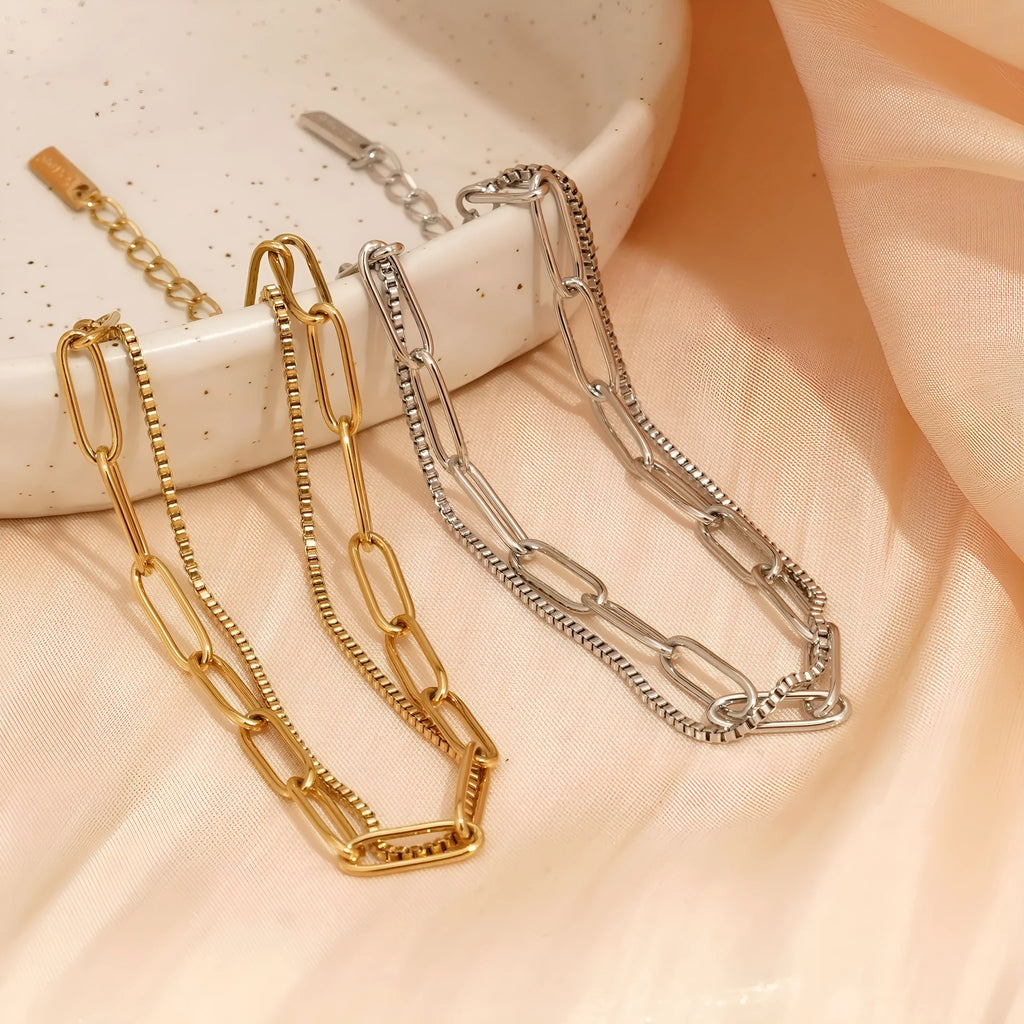 Double layer twin titanium steel women's bracelet with geometric design in gold or silver finish