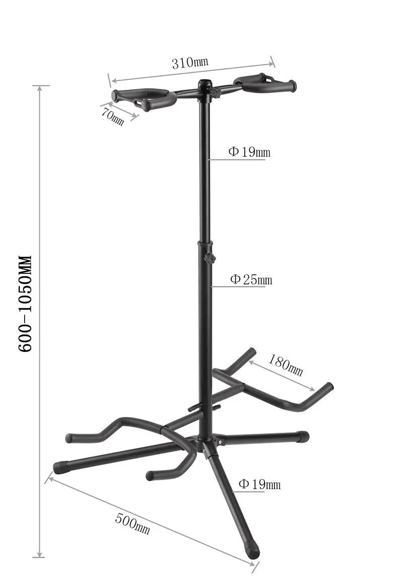 Black vertical double-headed adjustable guitar stand for electric and acoustic instruments