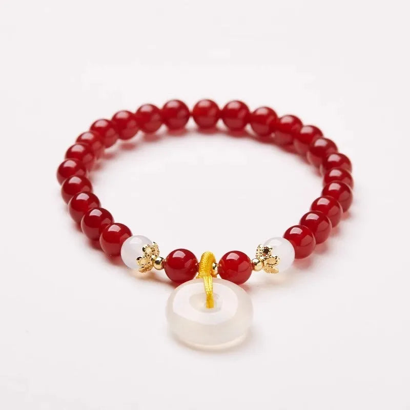 Handmade Chinese style agate and strawberry quartz safety buckle bracelet with 6mm beads
