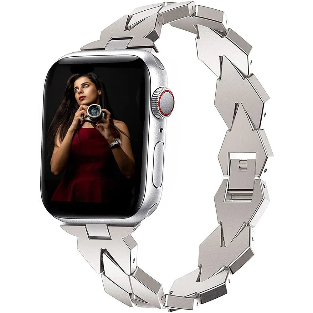 Metal chain steel band diamond strap for Apple Watch in silver colour on a white background