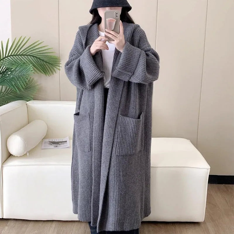 Women's loose acrylic hooded cardigan coat with raglan sleeves in milky white colour