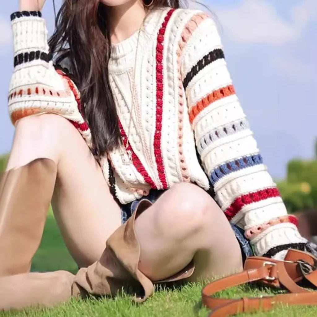Retro rainbow stripe hollow knit sweater with batwing sleeves in Japanese Korean casual style