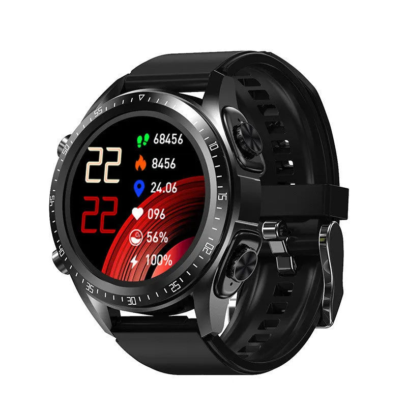 Black smart watch with silicone strap displaying blood pressure and oxygen data on its 1.28-inch colour screen.