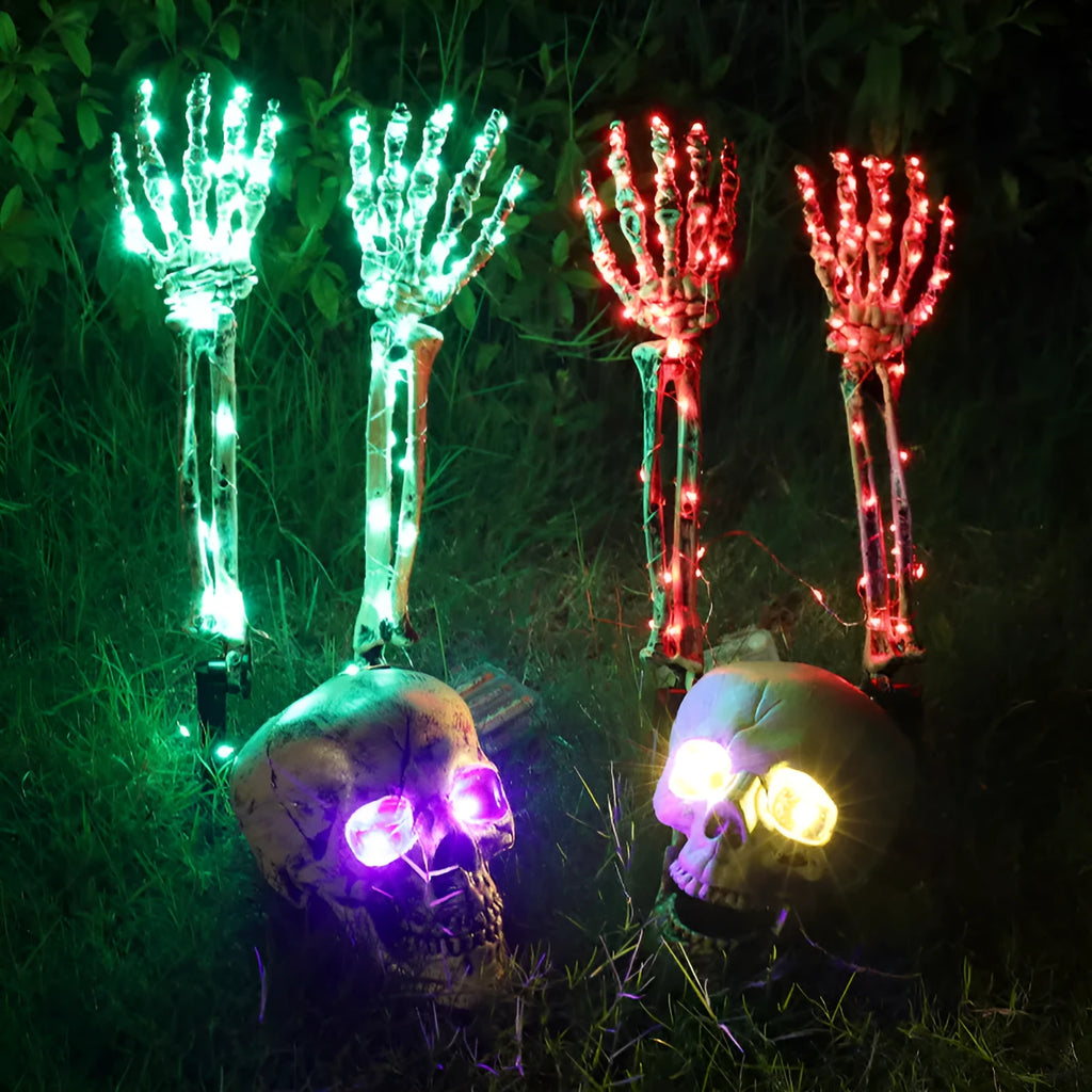 Halloween LED skeleton arm ground stake light with solar panel and waterproof battery cover