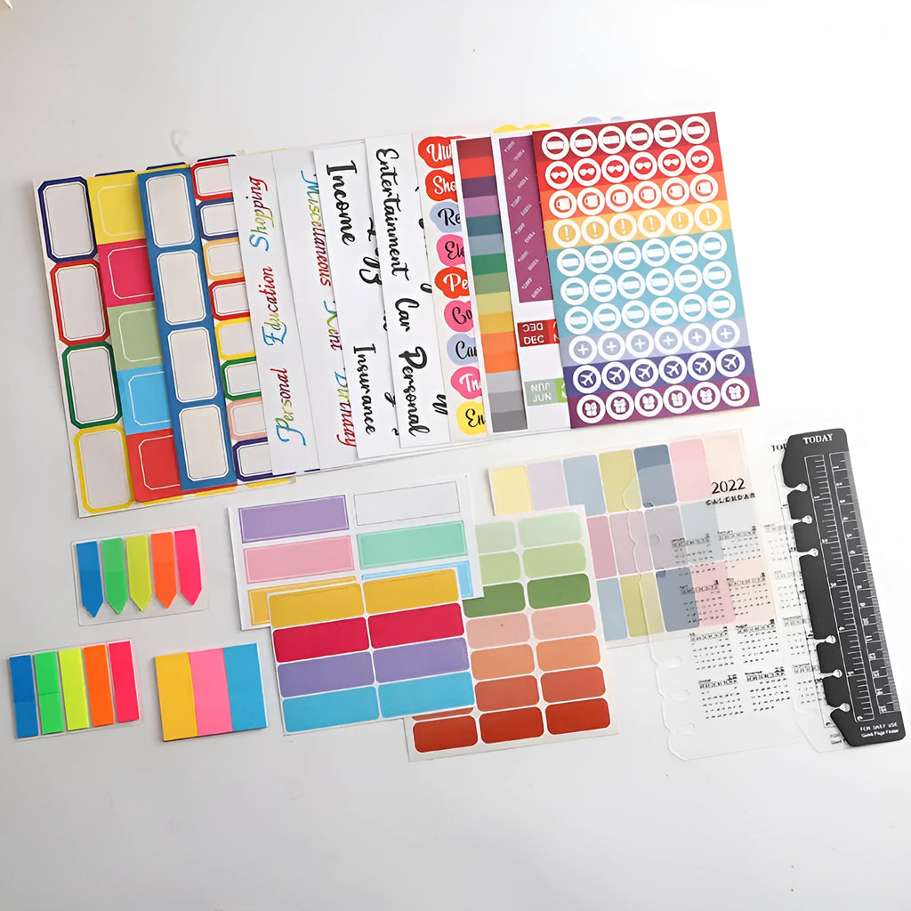 Handwritten label stickers showing multiple grid formats, A6 ruler versions, and coloured sticky notes on white background