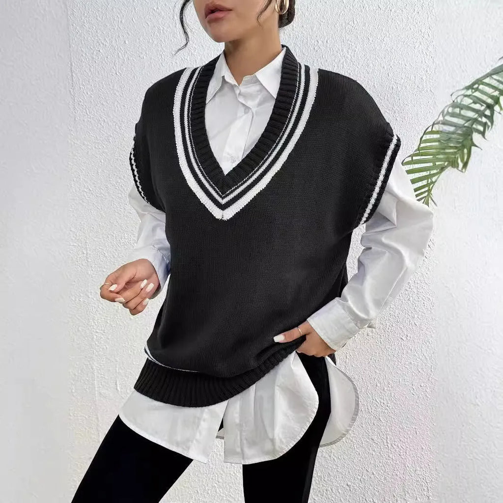 Women's loose fit pullover vest sweater in a college style, shown in blue.
