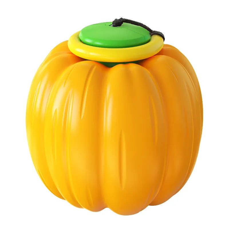 Green, orange, and yellow plastic pumpkin-shaped dog balls with squeakers for small dogs