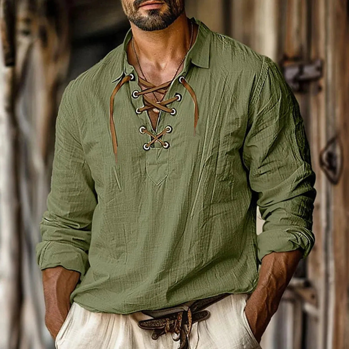 Men's plus size blue linen blend shirt with lapels and lace detailing, loose long sleeves.