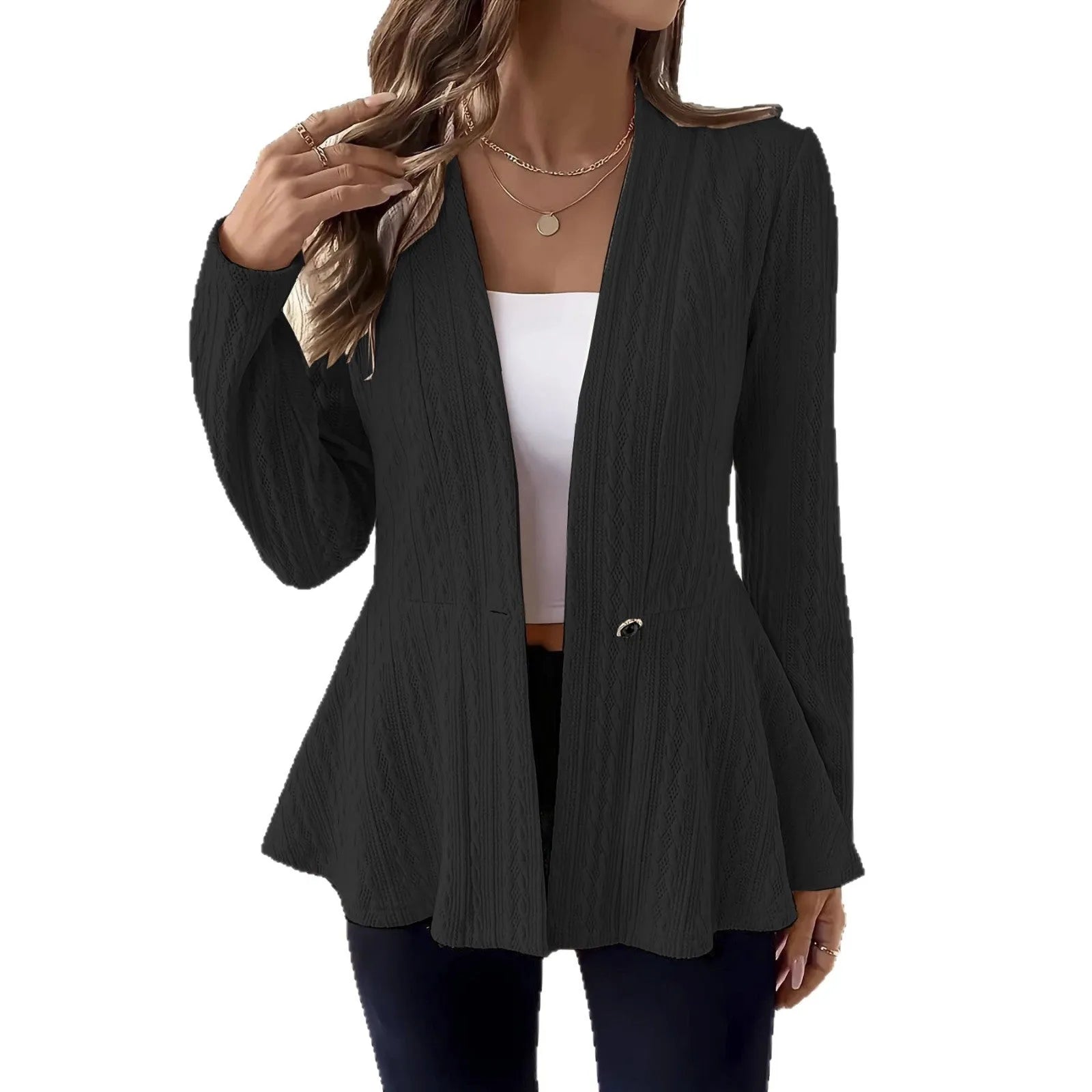 Women's apricot Jacquard pattern knitted cardigan with one button closure and long sleeves