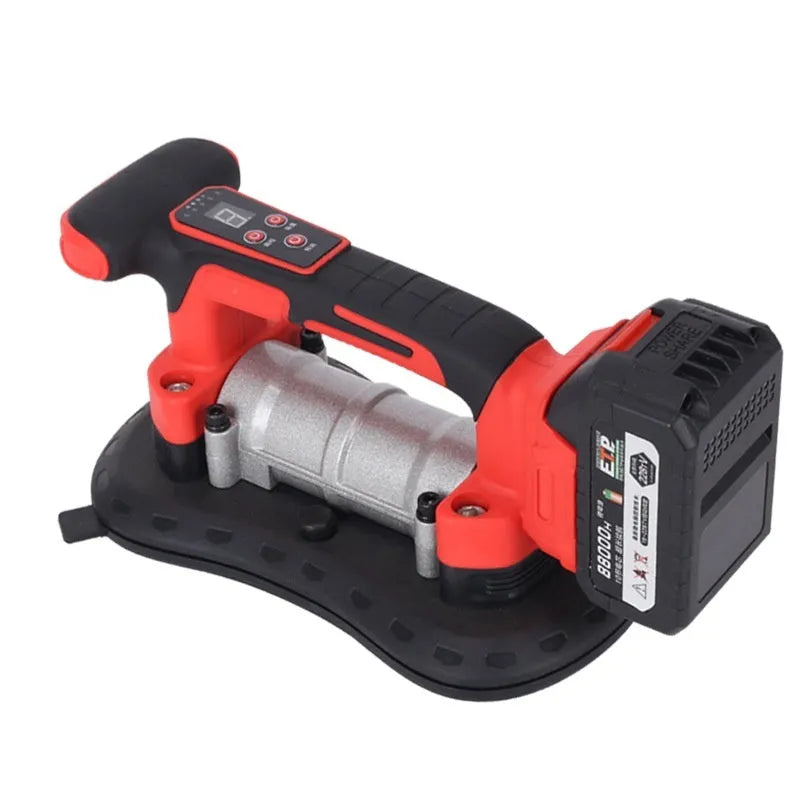 A cordless tile laying machine with a suction head, designed for installing floor and wall tiles up to 200cm in size.
