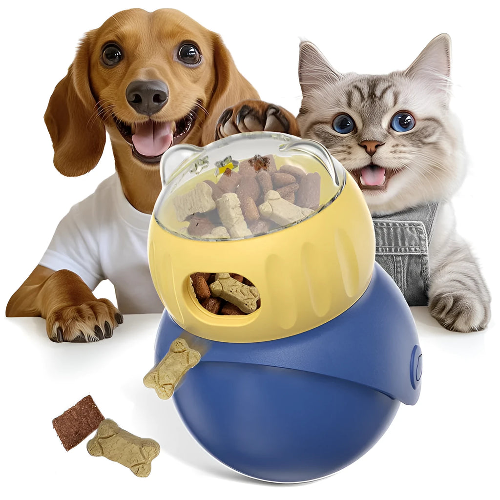 Owl-shaped plastic puzzle feeder toy for cats in Morandi yellow and blue colours