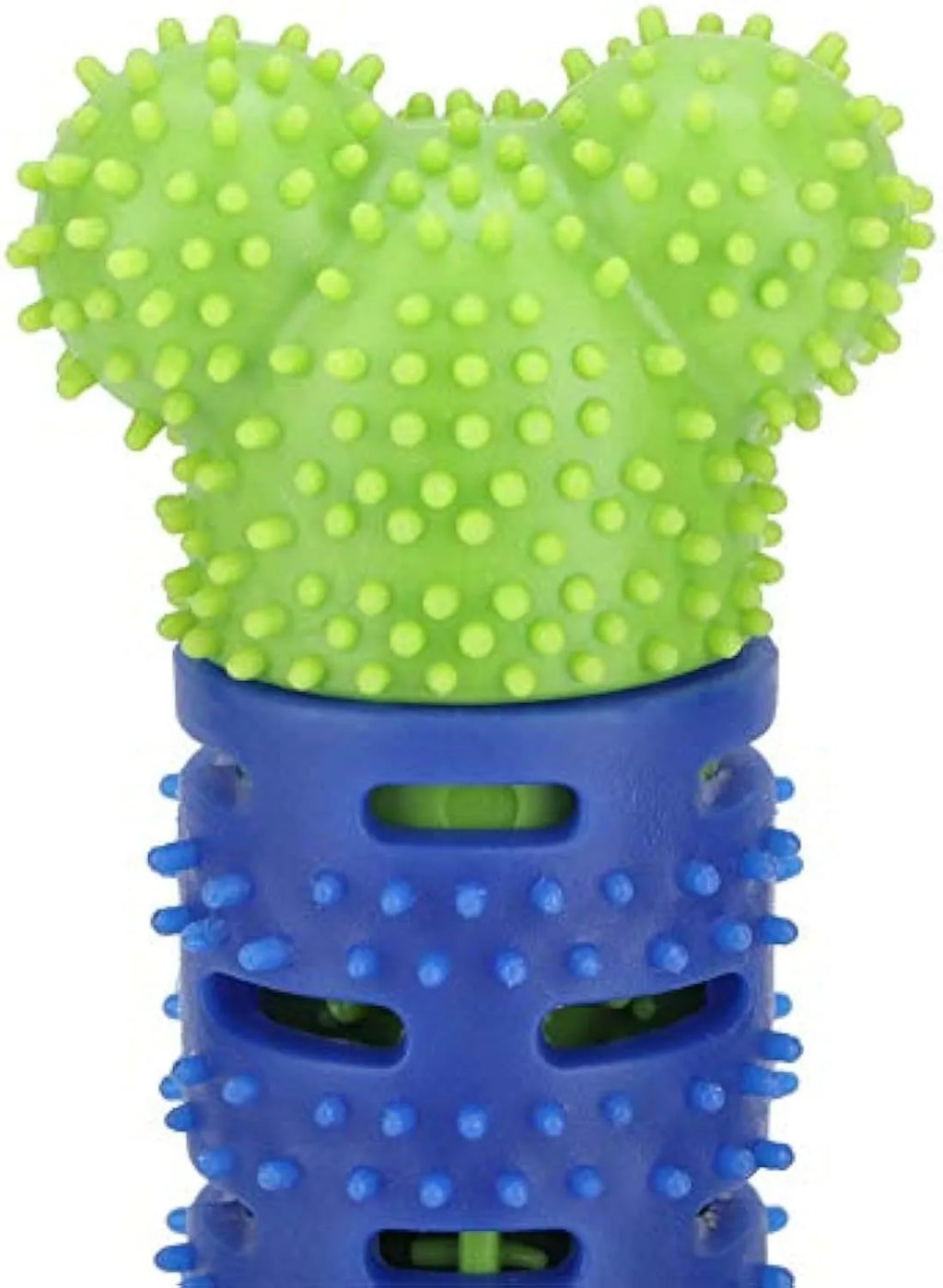 Blue-green silicone dog tooth cleaning stick with brush hair core measuring 25cm long