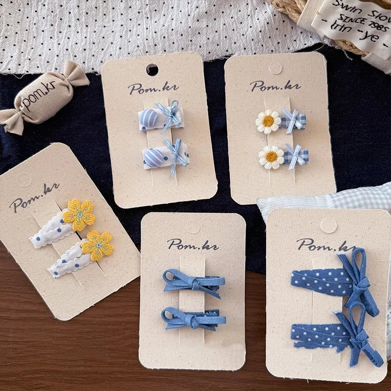 Children's fabric hair clips set with five bow styles triangle and duckbill barrettes