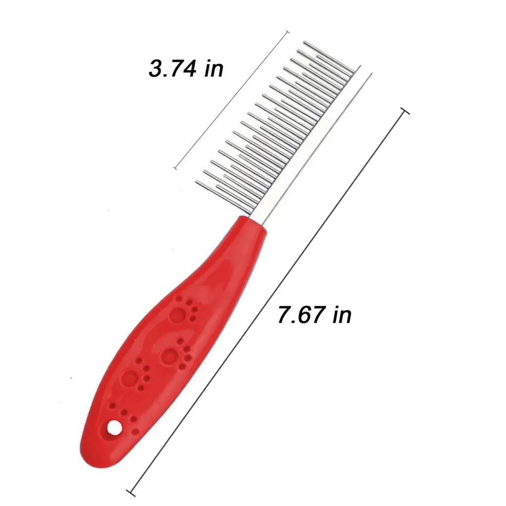 Red handled pet grooming comb with dual-length stainless steel teeth for dematting dogs and cats.